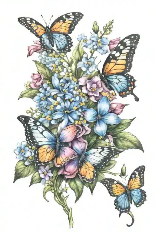 forget me not flowers with rainbow and butterflies tattoo design idea
