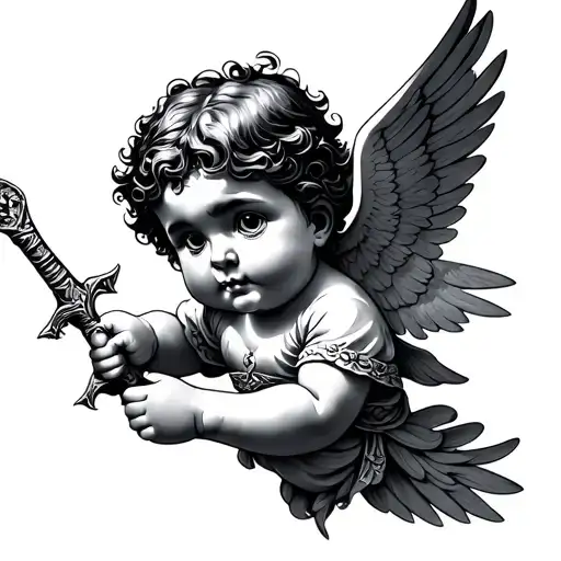 flying cherub holding daggers tattoo design idea