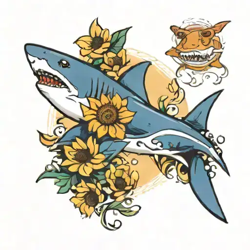swimming shark dark blue with sunflowers  tattoo design idea