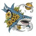 swimming shark dark blue with sunflowers  tattoo design idea