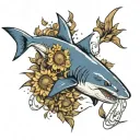 swimming shark dark blue with sunflowers  tattoo design idea