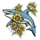 swimming shark dark blue with sunflowers  tattoo design idea