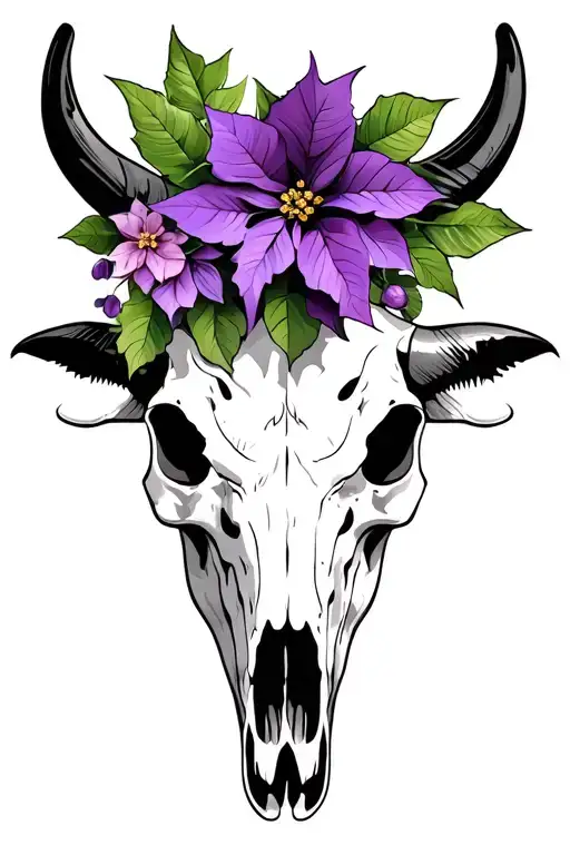 bull skull with violet and poinsettia flower adorning behind tattoo design idea