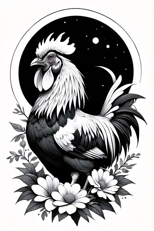 black and white bamtam rooster standing on flowers with a crescent moon tattoo design idea