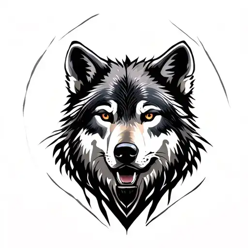 Realistic black and grey tattoo design, white background with shading, two large animal heads (bear on the left, wolf on tattoo design idea
