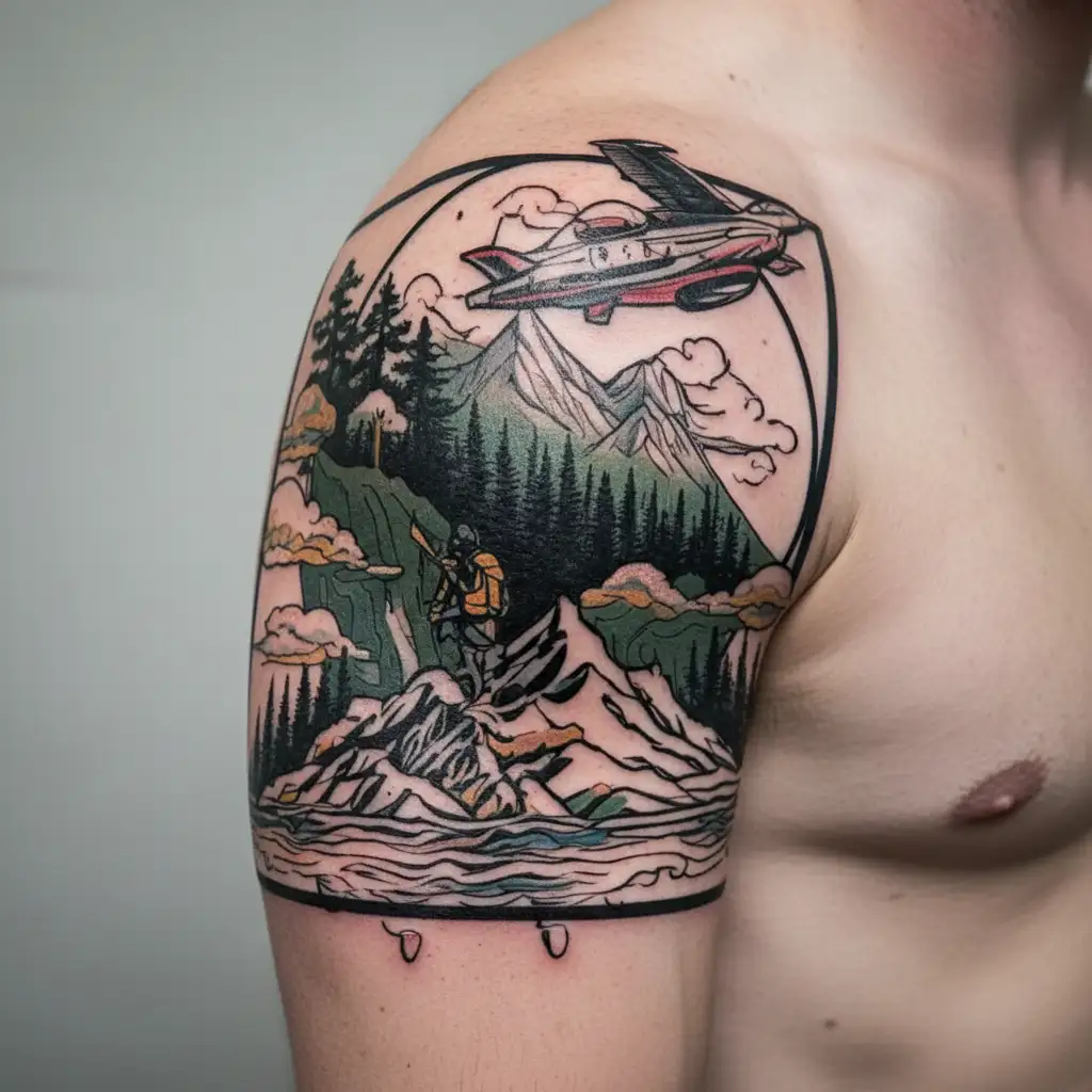 Appalachia mountain skyline, pilot, scuba diving, father and two sons, US Marine tattoo design idea