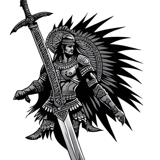 Aztec warrior holding sword tattoo design idea
