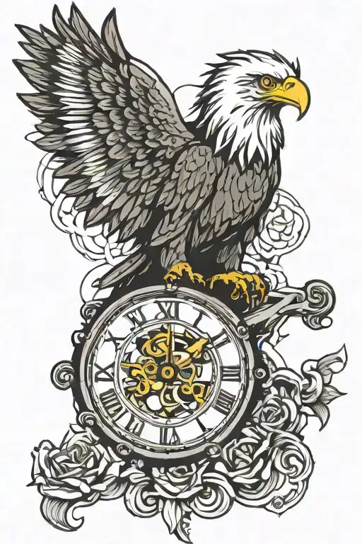 eagle flying with clock land one roses intertwined tattoo design idea
