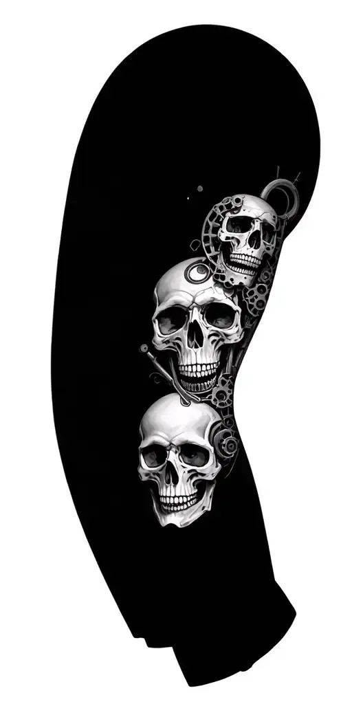 skulls and biomechanical gears and machinery mixed into biology of arm tattoo design idea