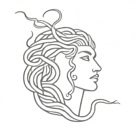 Medusa half-face with eyes and hair, separated by a line with a half sun on the bottom tattoo design idea