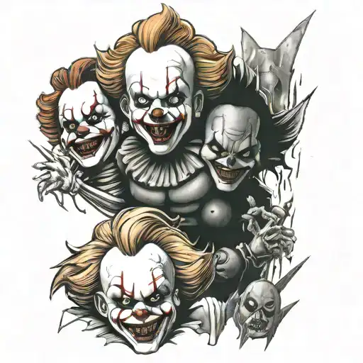 collage featuring pennywise, chucky, terrifier, jigsaw tattoo design idea