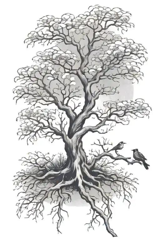 poison tree growing with birds flying in front of the moon tattoo design idea