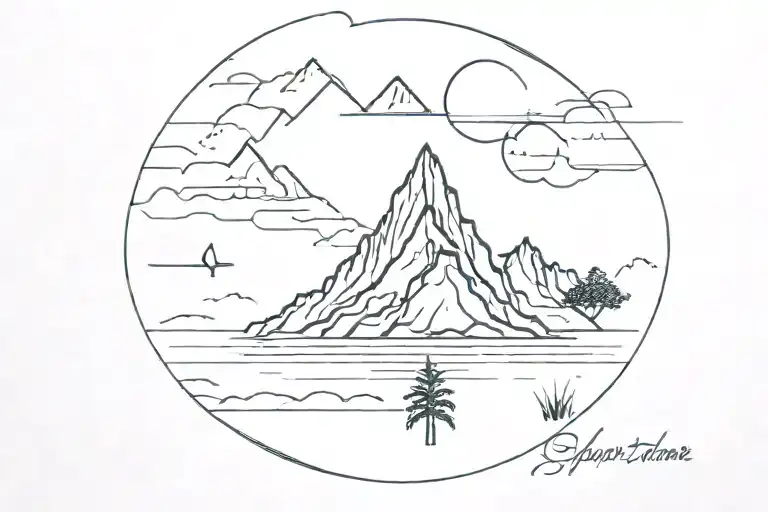 a red Ruby with a mountain, the ocean, 1986, max incorporated, with a symbol for the African Savana  tattoo design idea