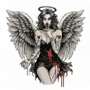 Sexy Angel evil facial expression torn dress covered in blood smoking a cigarette slutty tattoo design idea