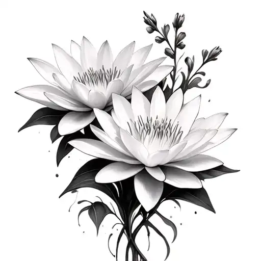 waterlily and larkspur flowers and Smokey background tattoo design idea