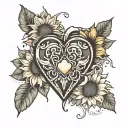 a heart with a locket on it with two sunflowers to the side and bottom of it on the bicep tattoo design idea