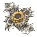 a heart with a locket on it with two sunflowers to the side and bottom of it on the bicep tattoo design idea