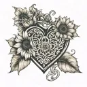 a heart with a locket on it with two sunflowers to the side and bottom of it on the bicep tattoo design idea