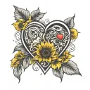 a heart with a locket on it with two sunflowers to the side and bottom of it on the bicep tattoo design idea