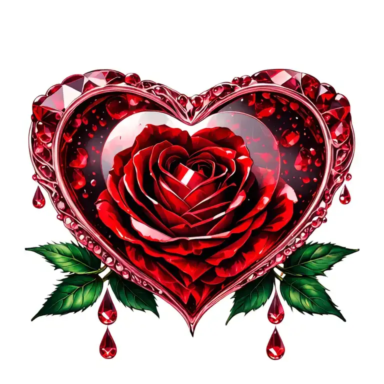 1 heart-shaped ruby red diamond in center, red rose, ovaries fallopian tubes uterus vagina, rain drops tattoo design idea