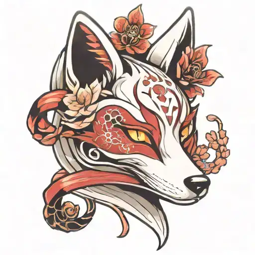 side profile kitsune mask cherry blossoms red spider lily and a Japanese kanji of the fox tattoo design idea