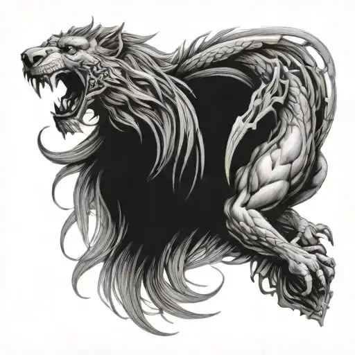 lion fighting a dragon intertwined tattoo design idea