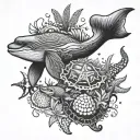 whale tail, seashells, tropical fish, starfish, turtle tattoo design idea