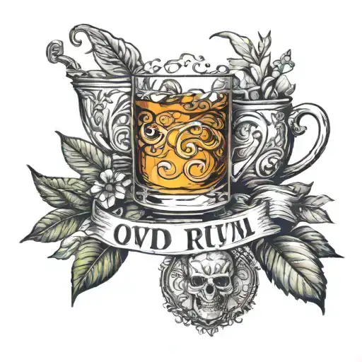 OVD RUM IN A GLASS NEXT TO A CUP OF TEA WITH NAN AND GRANDAD IN A BANNER  tattoo design idea