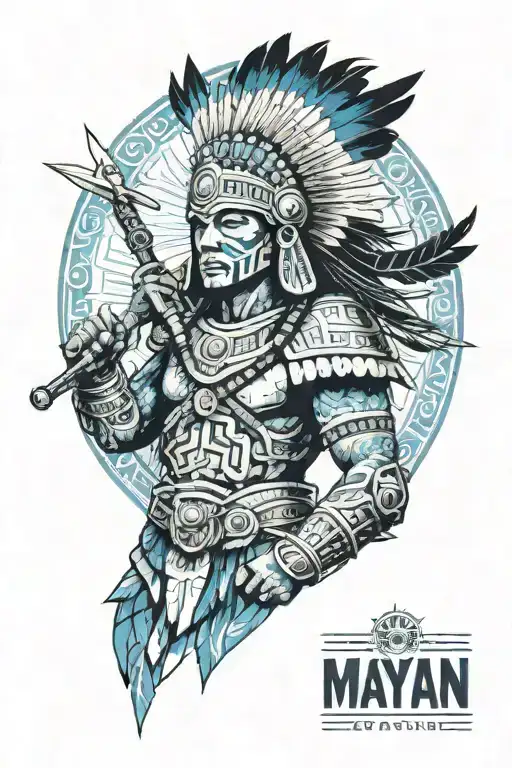 Aesthetic Mayan warrior indulged in a blue and white aura with some lighting  tattoo design idea
