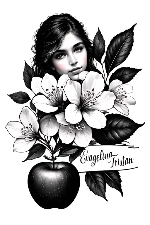 minimalistic tattoo for female featuring children's names: Evangelina and Tristan with apple blossom incorporated tattoo design idea