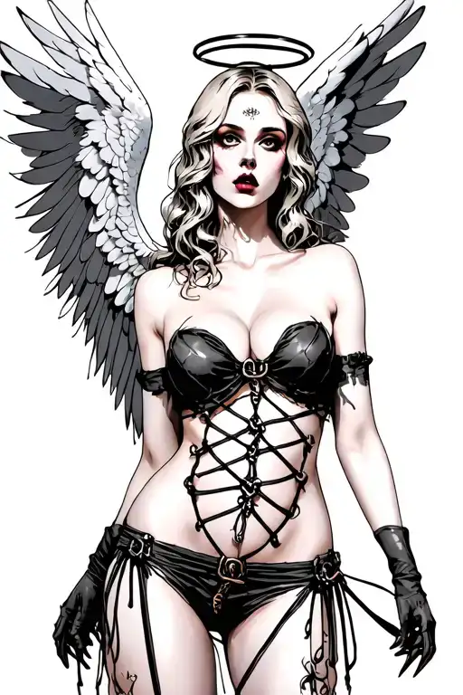 Sexy Angel, pale skin, Big breasts, Wide Hips, Angel wings, Halo, Bondage outfit, Seductive, Sexual, Full Body view  tattoo design idea