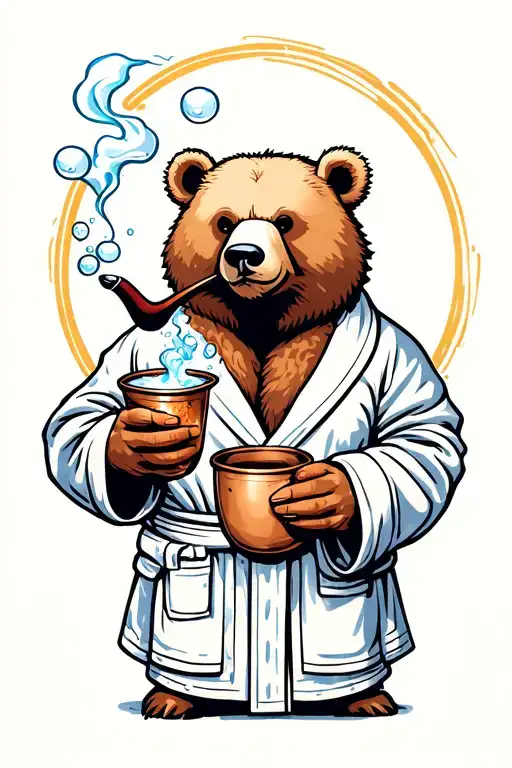 bear in a bath robe holding a moscow mule in one hand and a smokers pipe with bubbles coming out of it in the other tattoo design idea