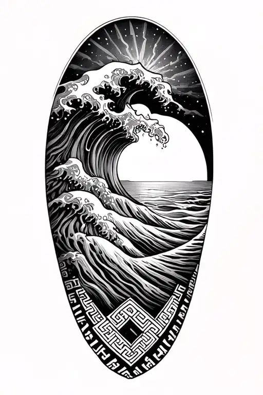  gentle wave, sun rise, Greek key band at base of sleeve tattoo design idea