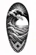  gentle wave, sun rise, Greek key band at base of sleeve tattoo design idea