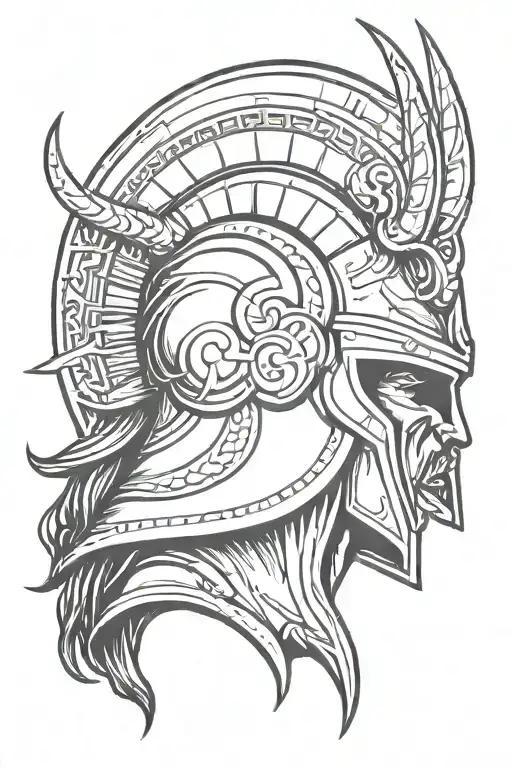 the geek god ares, horns on traditional Greek helmet in a 3/4 view through camera lens tattoo design idea