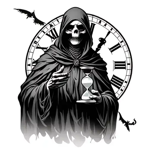 the grim reaper holding an hourglass in one hand, with a roman numeral clock in the background tattoo design idea