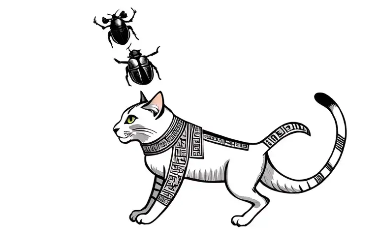 hieroglyphics art of a Egyptian cat with collar jumping up to catch a scarab beetle tattoo design idea