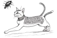 hieroglyphics art of a Egyptian cat with collar jumping up to catch a scarab beetle tattoo design idea
