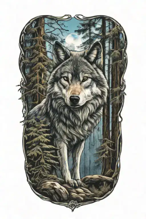wolf blue eyes howling forest landscape tattoo design idea