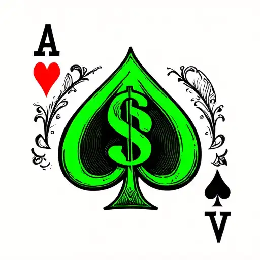 Red heart, green dollar sign, black ace of spades separate the images tattoo design idea
