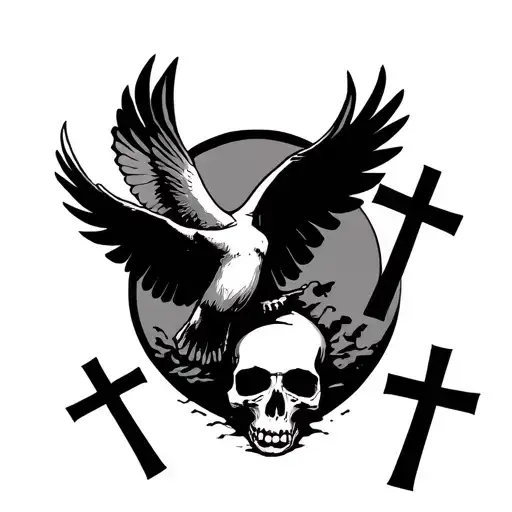 3 crosses with a dove flying overhead crosses are crushing into a skull tattoo design idea