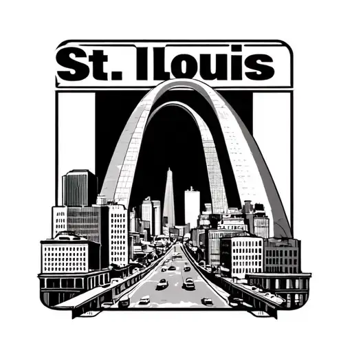 The St. Louis Arch in black and white. Layered on top of buildings. Layered on top the words "St. Louis". Put St. Louis  tattoo design idea