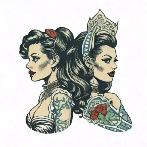 pin up girl with long brown hair with a red streak, amber colored eyes, facial piecings and tattoo sleeves wearing nothi tattoo design idea