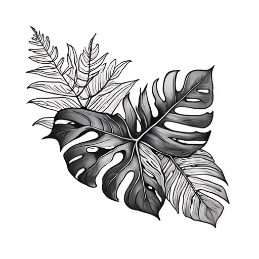 Black and white botanical tattoo with clear lines, Monstera, fern, Philodendron, and movement. tattoo design idea
