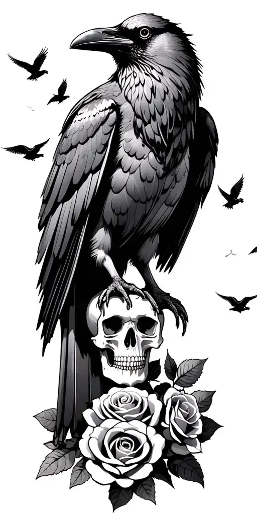 Raven standing on ground with skull and roses growing up and ravens flying  tattoo design idea