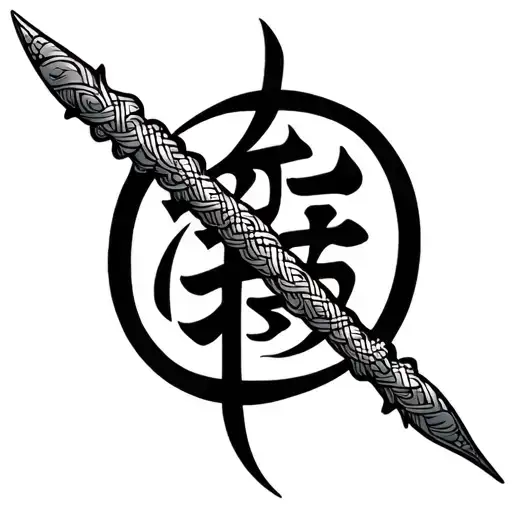 african sickles blade, iguana's elbow and weaving spindle patterns and kanji for metal tattoo design idea