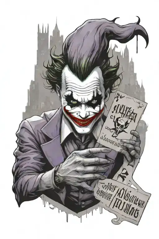 joker holding a card with Gotham city skyline background with "why so serious" sentence  tattoo design idea