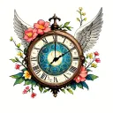 japanese life tree, roman clock with pisces astrology symbol in the center, spring flowers, and beautiful gothic angel tattoo design idea