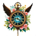 japanese life tree, roman clock with pisces astrology symbol in the center, spring flowers, and beautiful gothic angel tattoo design idea