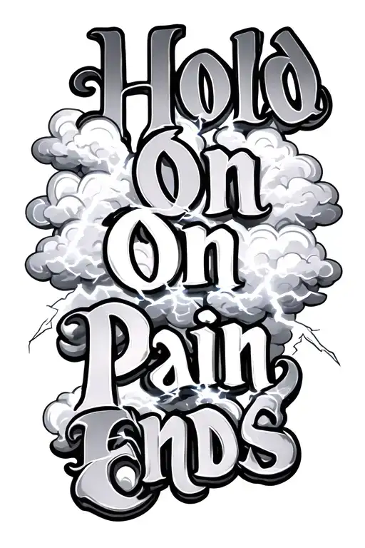 clouds and lightning through the words Hold On Pain Ends tattoo design idea